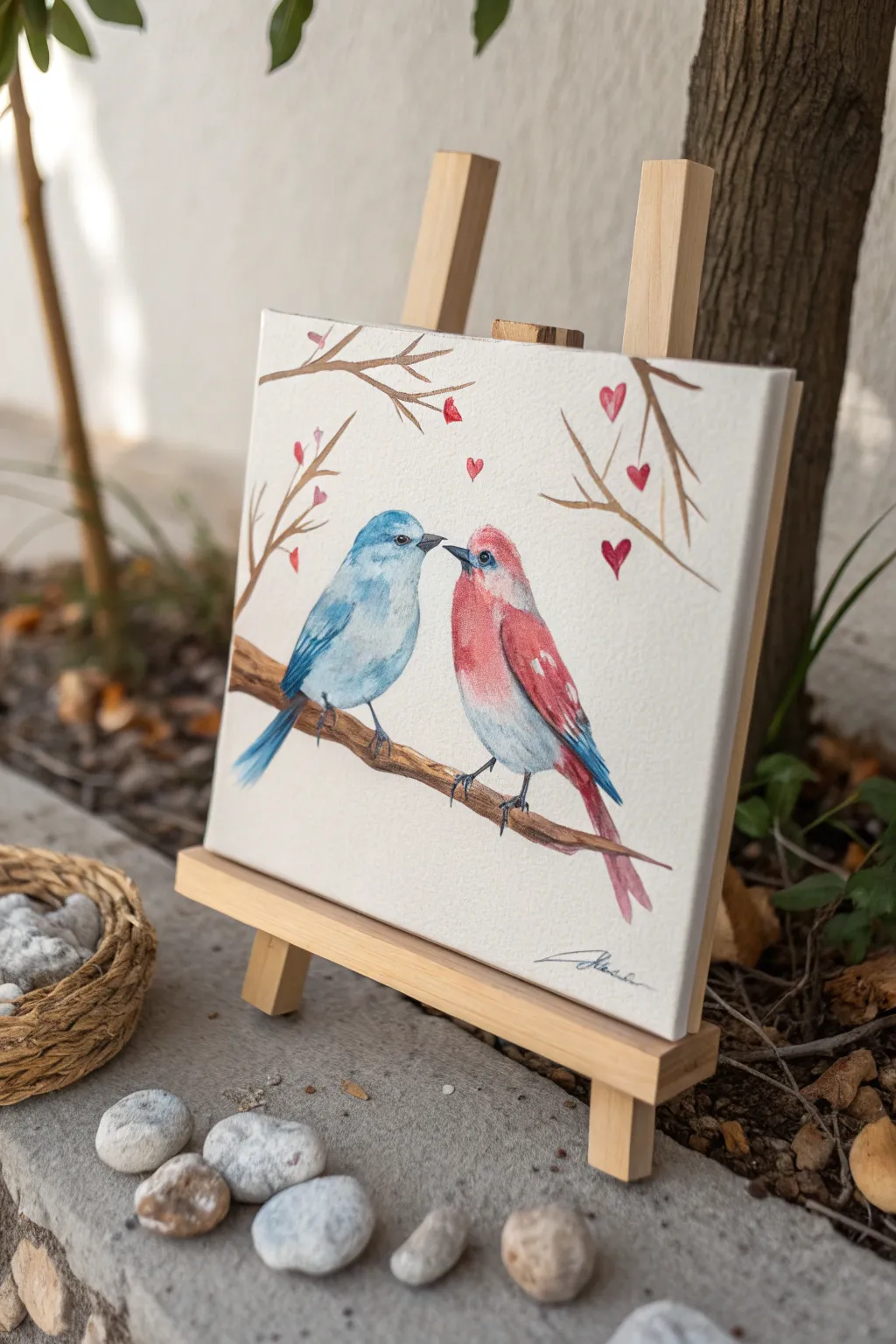 Capture the essence of love with a minimalist touch: two birds sharing a tender moment in vibrant blues and reds.