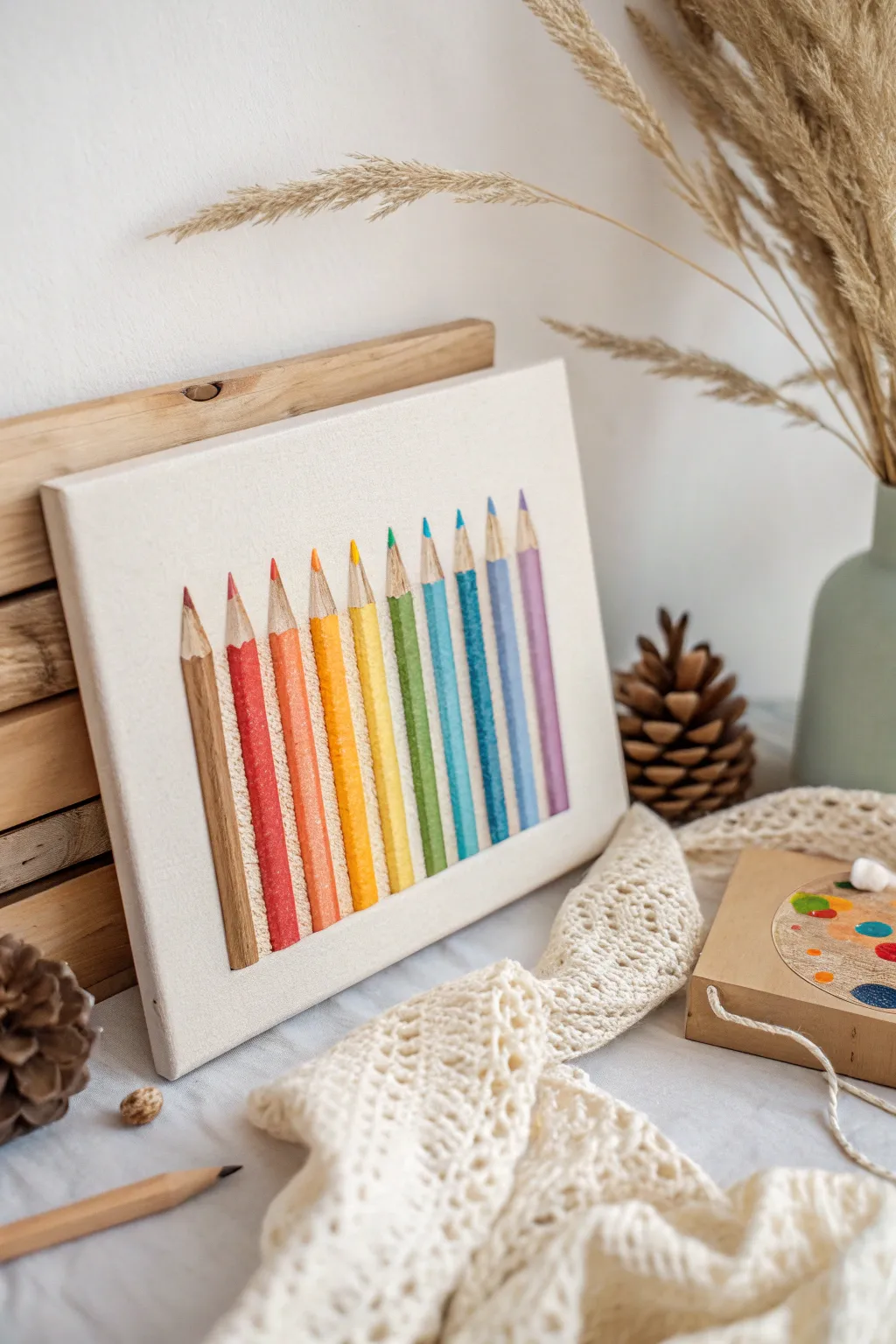 Celebrate creativity with a parade of colorful pencils marching across this charming canvas artwork.