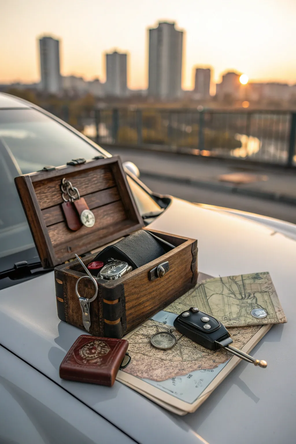 Elevate your gift game with a wooden treasure chest filled with car essentials—perfect for the modern man.