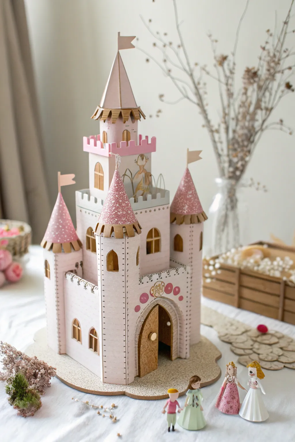 Step into a world of whimsy with this charming cardboard castle and its tiny inhabitants.