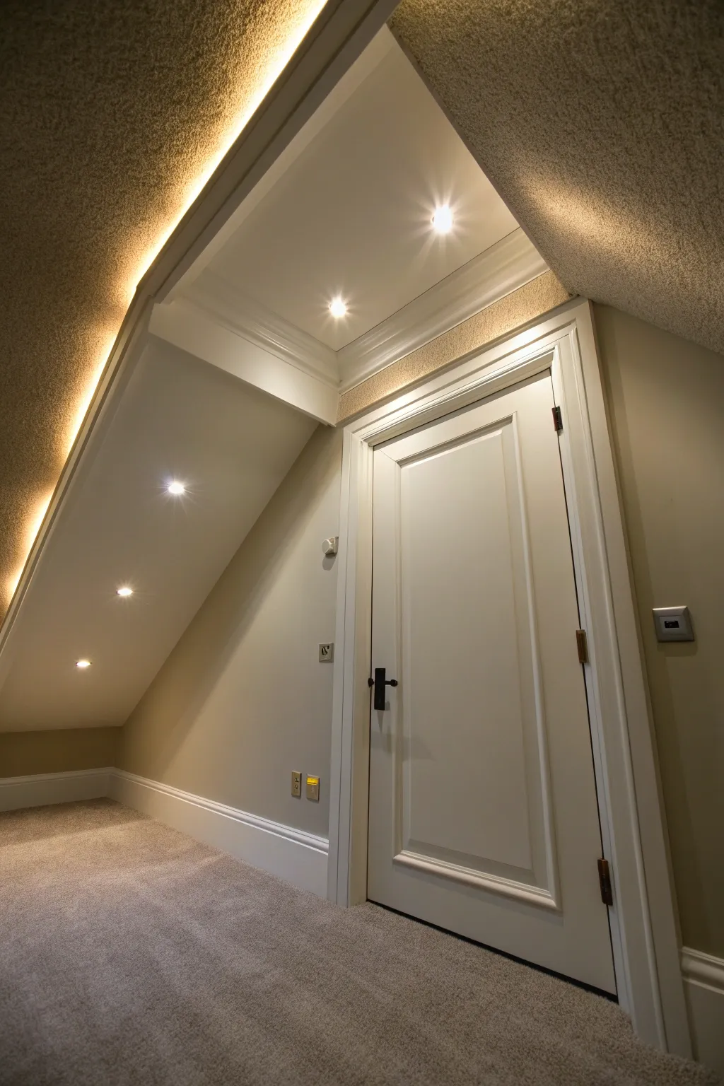 Elevate your space with a seamlessly integrated attic door, enhanced by elegant recessed lighting.
