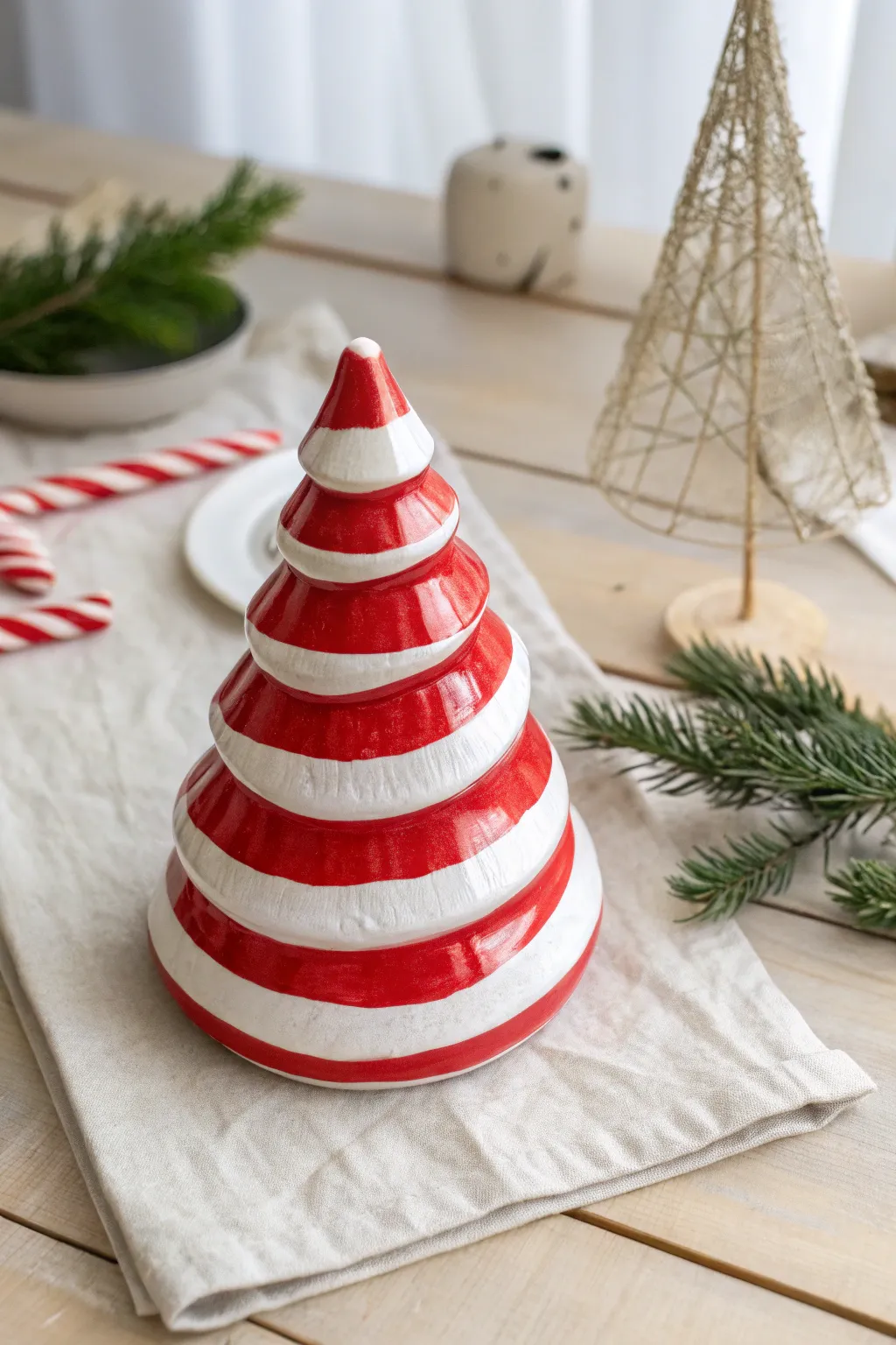 Add a playful twist to your holiday decor with this candy cane-inspired ceramic tree, perfect for a minimalist festive touch.
