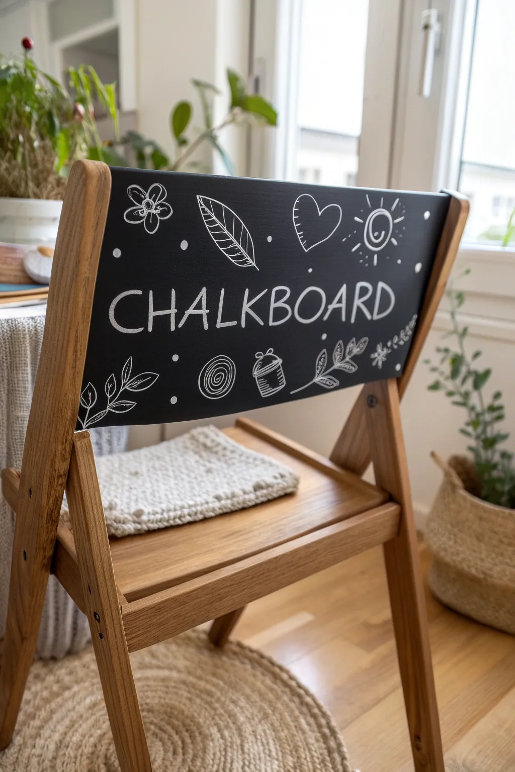 Transform your chair into a creative canvas with chalkboard paint – perfect for personal touches and endless doodles!
