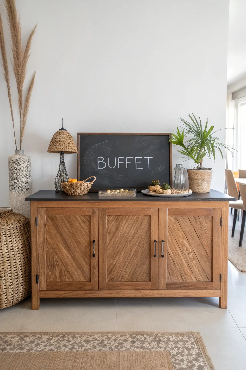 Turn your buffet into a creative chalkboard canvas, blending Scandinavian simplicity with Boho flair.