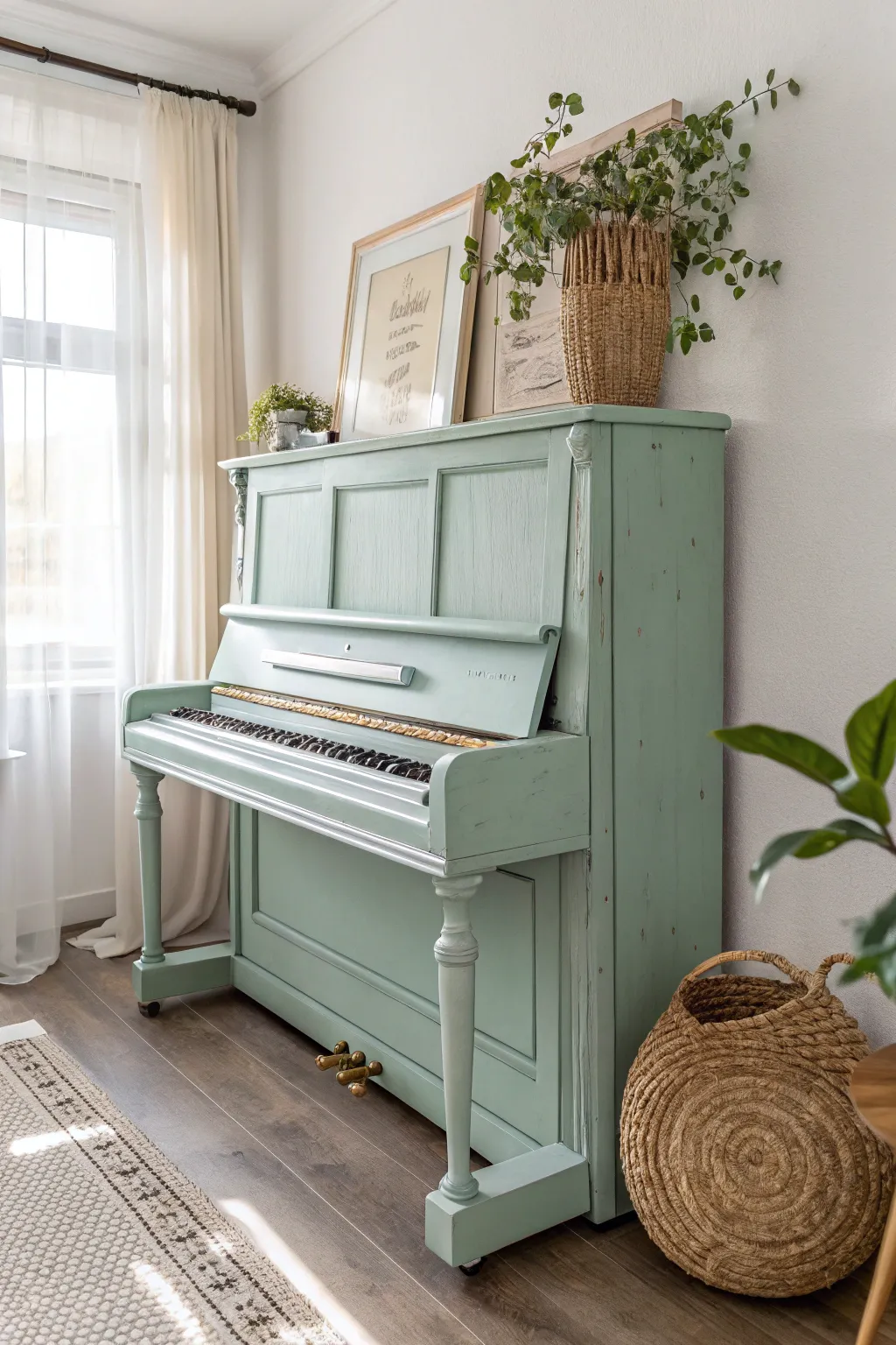 Transform your space with a mint green chalk-painted piano - where simplicity meets elegance.