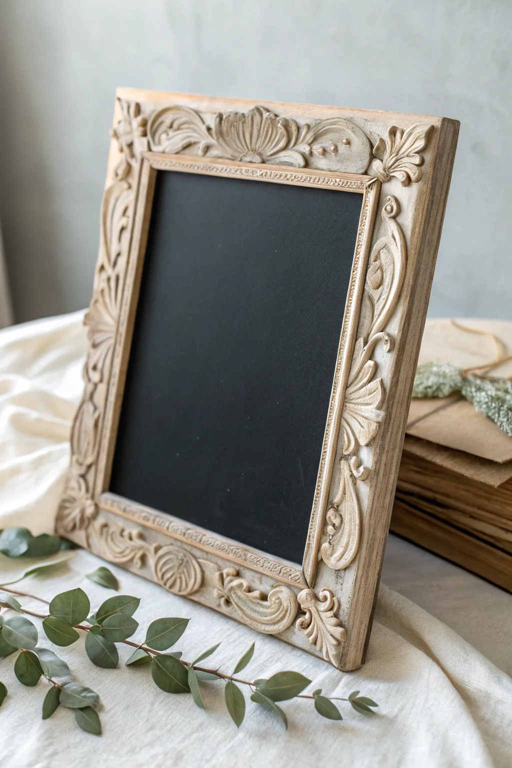 Transform vintage elegance into functional art with a chic chalkboard frame.