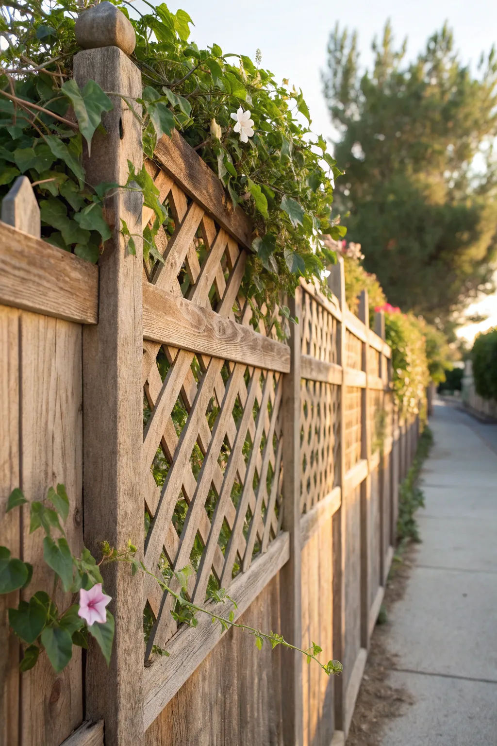 Elevate your garden with a rustic lattice picket fence, perfect for showcasing climbing blooms.