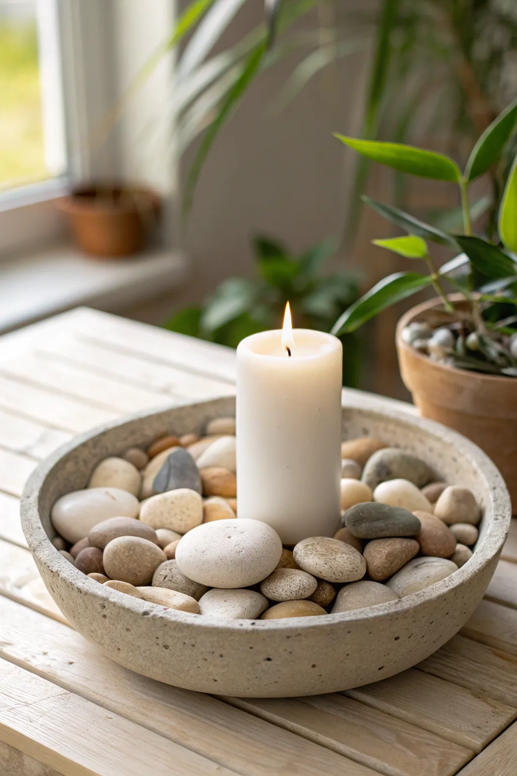 Embrace nature's simplicity with this chic pebble centerpiece, perfect for adding a serene touch to any space.