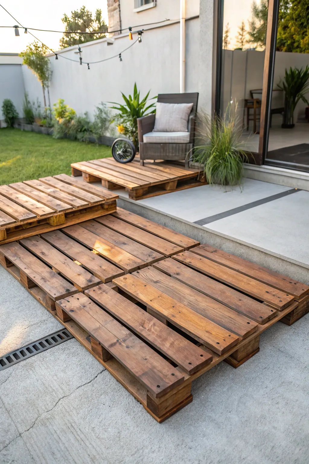 Transform your concrete floor with charming wooden pallet decking for a cozy backyard retreat.