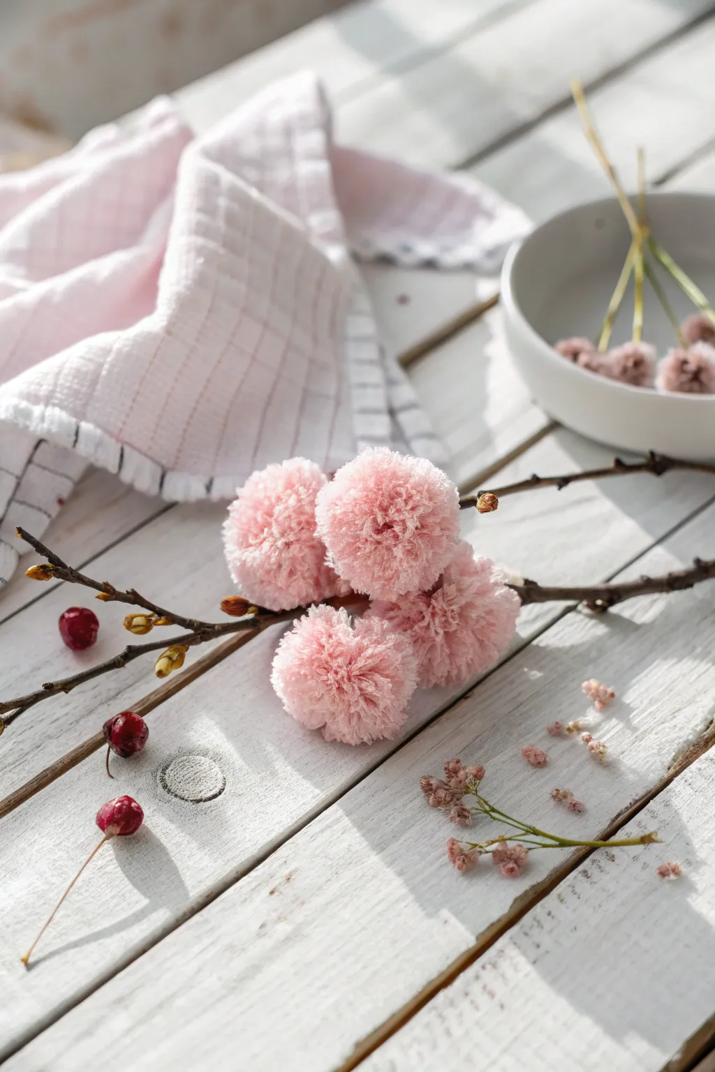 Embrace the beauty of simplicity with handcrafted pom-pom cherry blossoms, a perfect blend of minimalist charm and bohemian elegance.