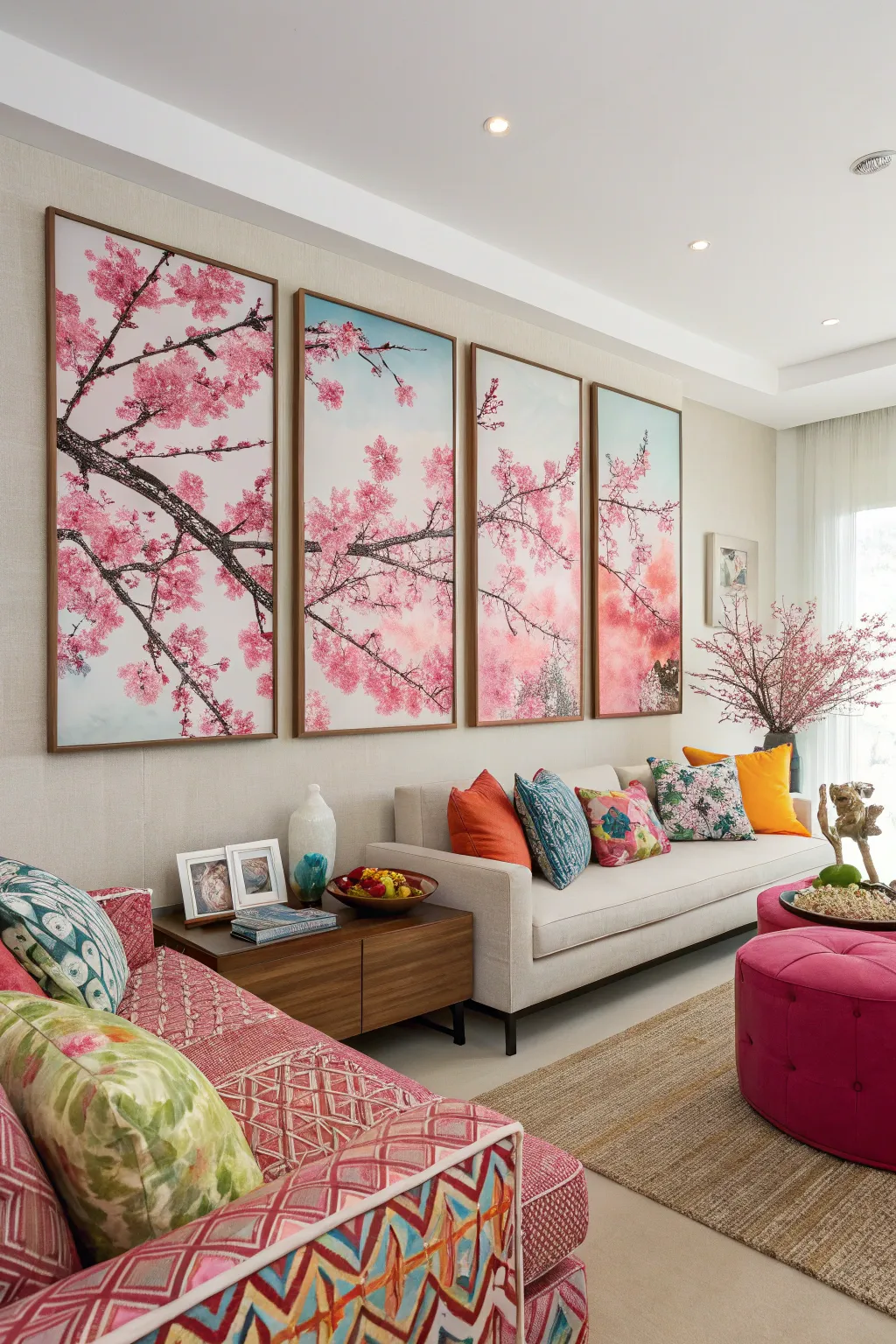 Cherry blossom art panels create a striking focal point in this living room.