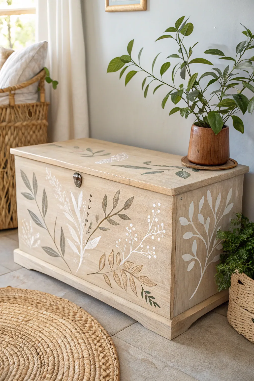 Embrace the serenity of nature with this minimalist leaf motif chest, a perfect blend of Scandinavian and Boho elegance.