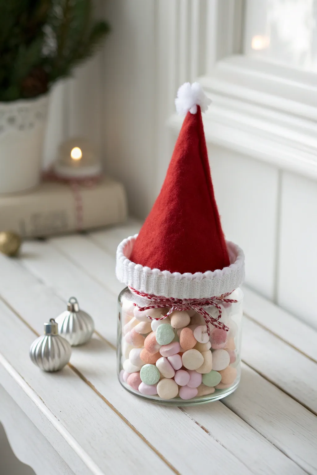 Add a touch of whimsy to your holiday decor with this charming elf hat candy jar!