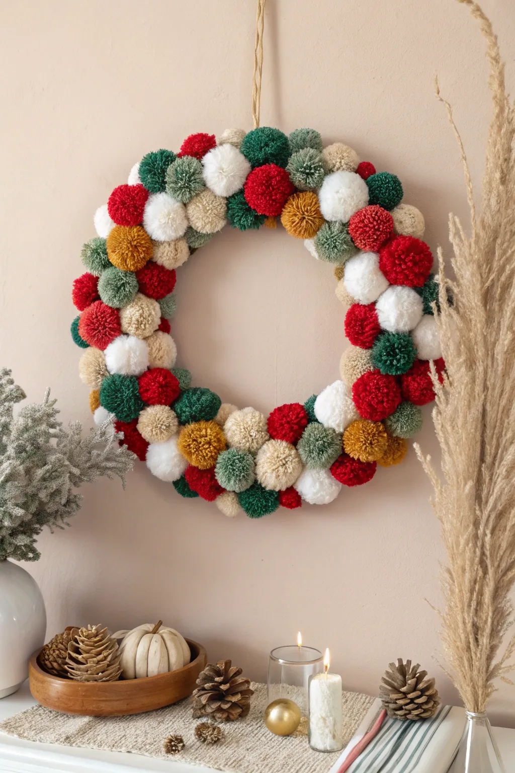 Add a touch of whimsy to your home this holiday season with a playful pom-pom wreath!