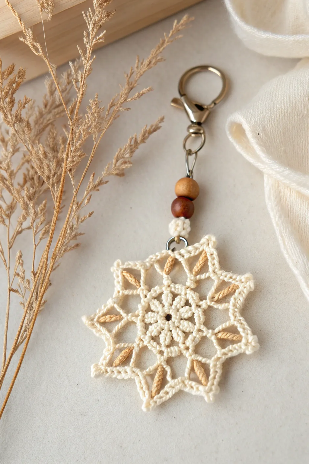 Delicate crochet snowflake keychain – a perfect touch of handcrafted holiday charm.