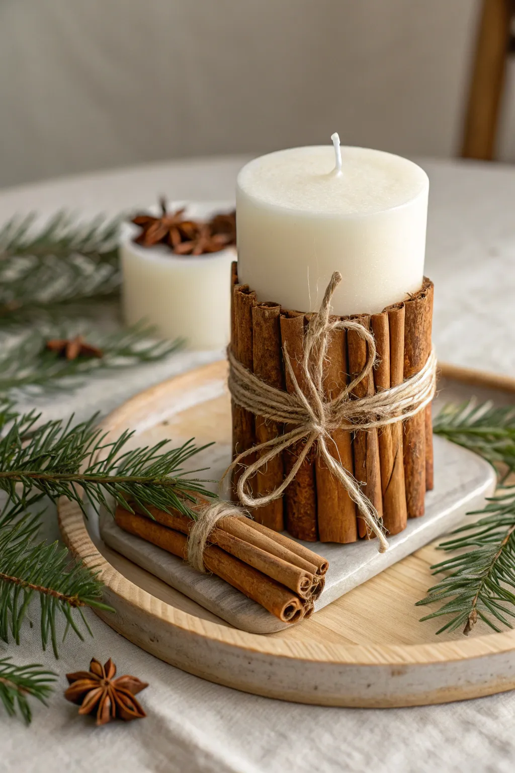 Embrace the warmth of the holidays with this cinnamon stick candle display, blending simplicity and natural elegance.