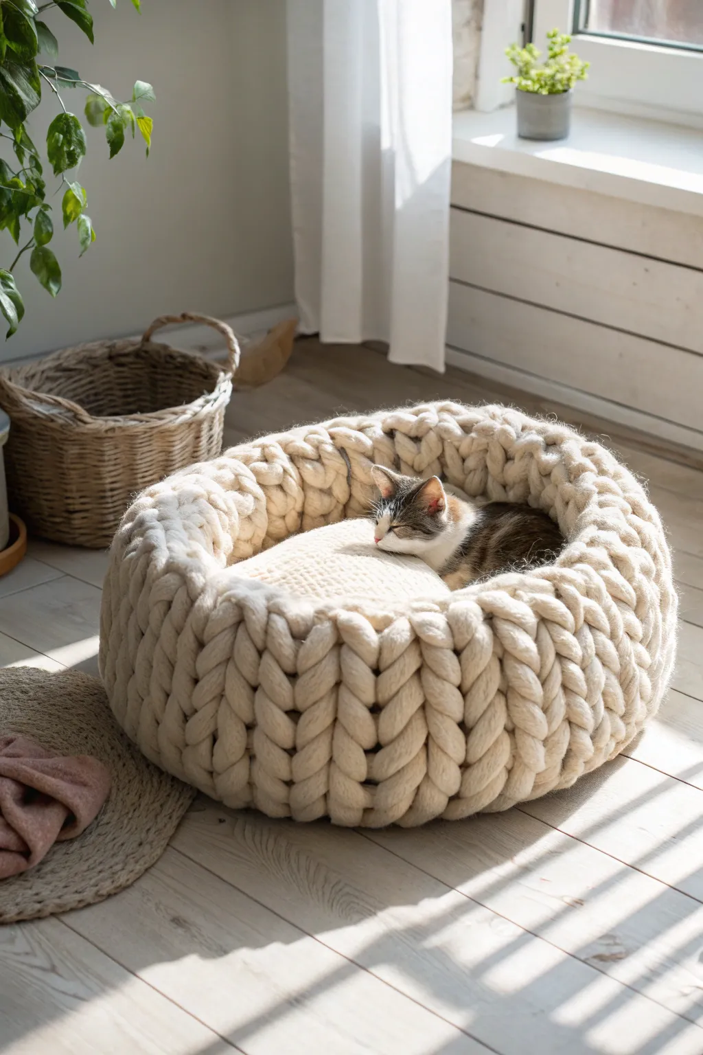 Craft a cozy retreat for your feline friend with this charming chunky knit cat bed!