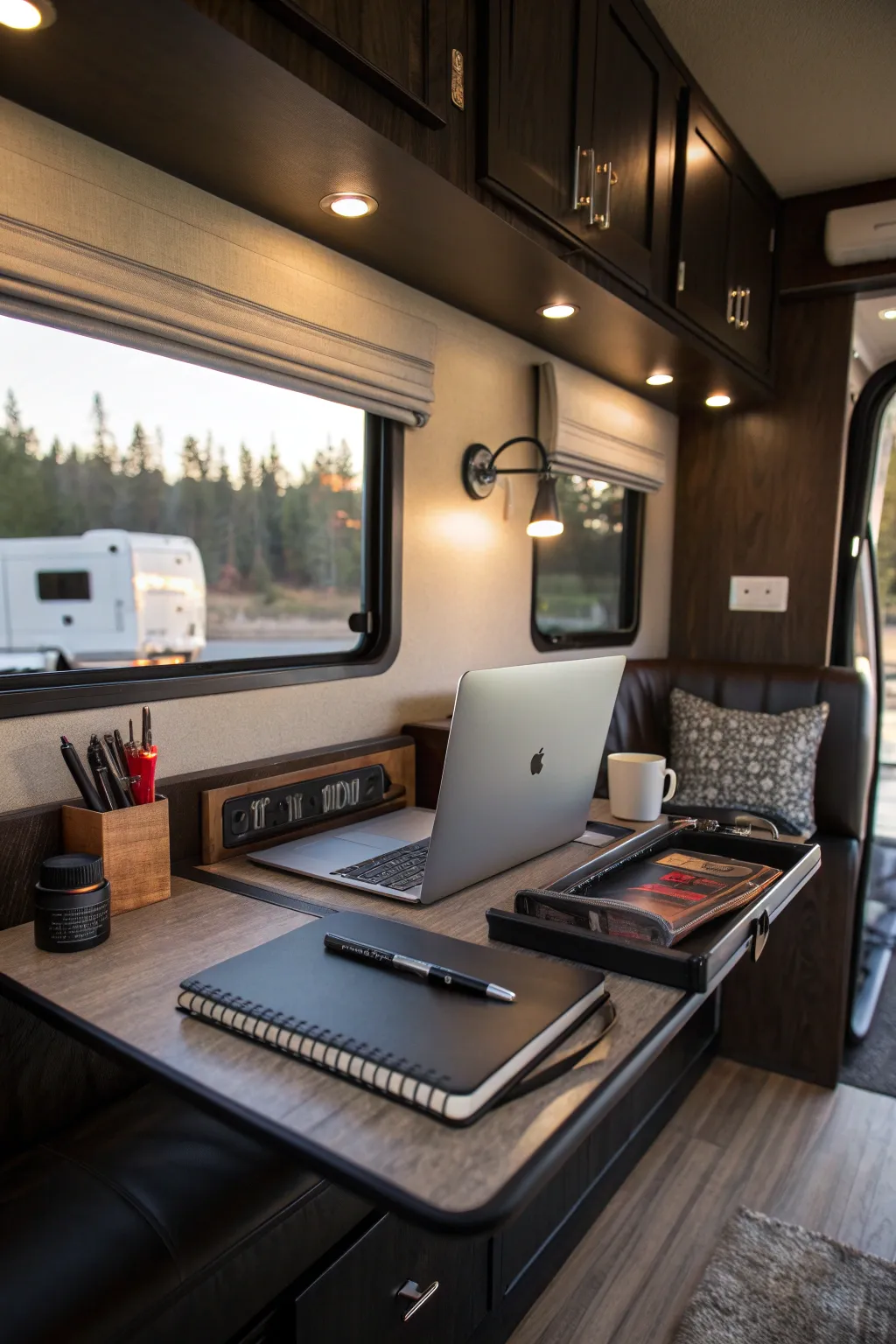 Transform your RV into a stylish mobile office with a sleek fold-out desk for ultimate productivity on the go.