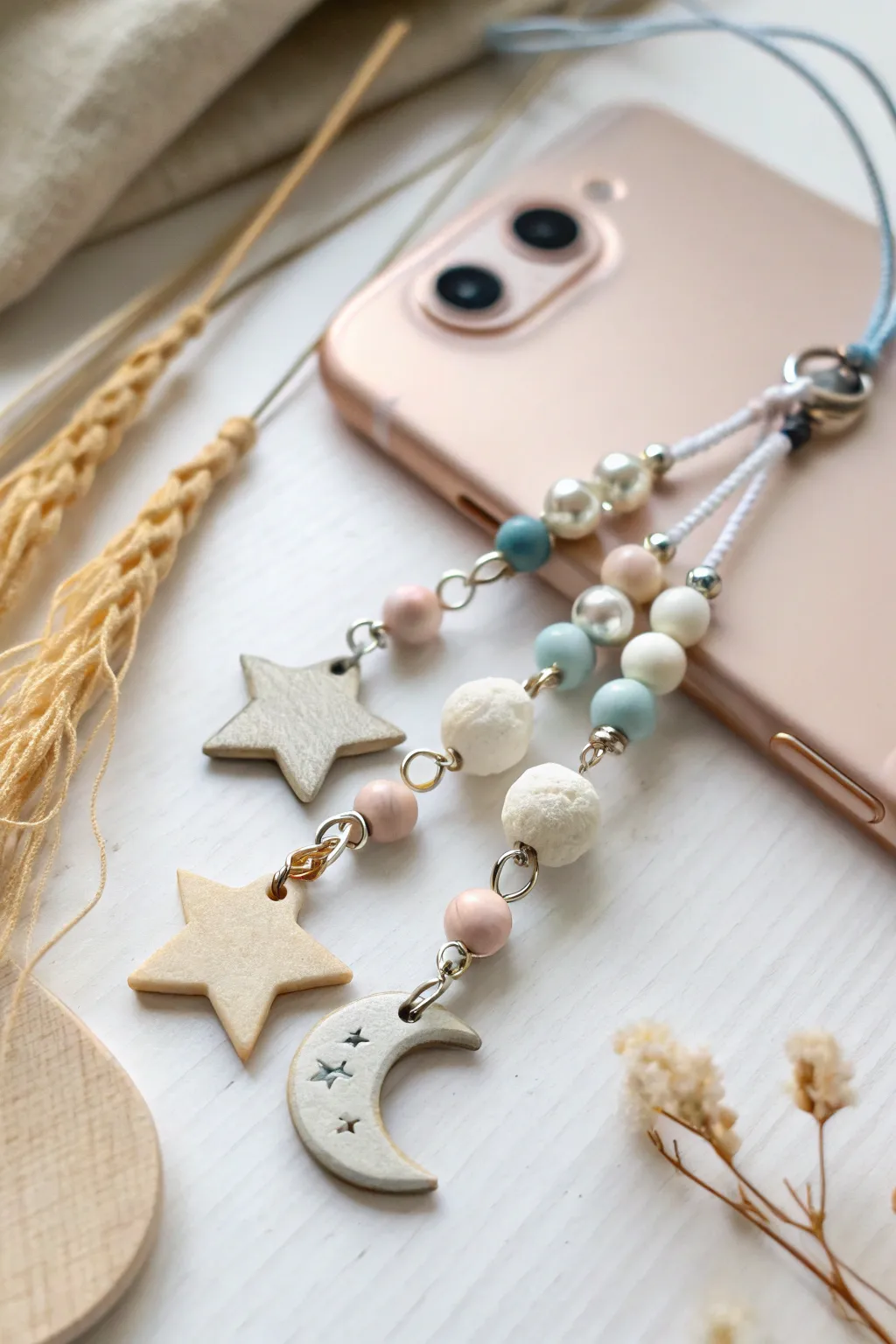 Embrace the magic of the night sky with our Mystical Moon clay bead phone charm. ✨🌙