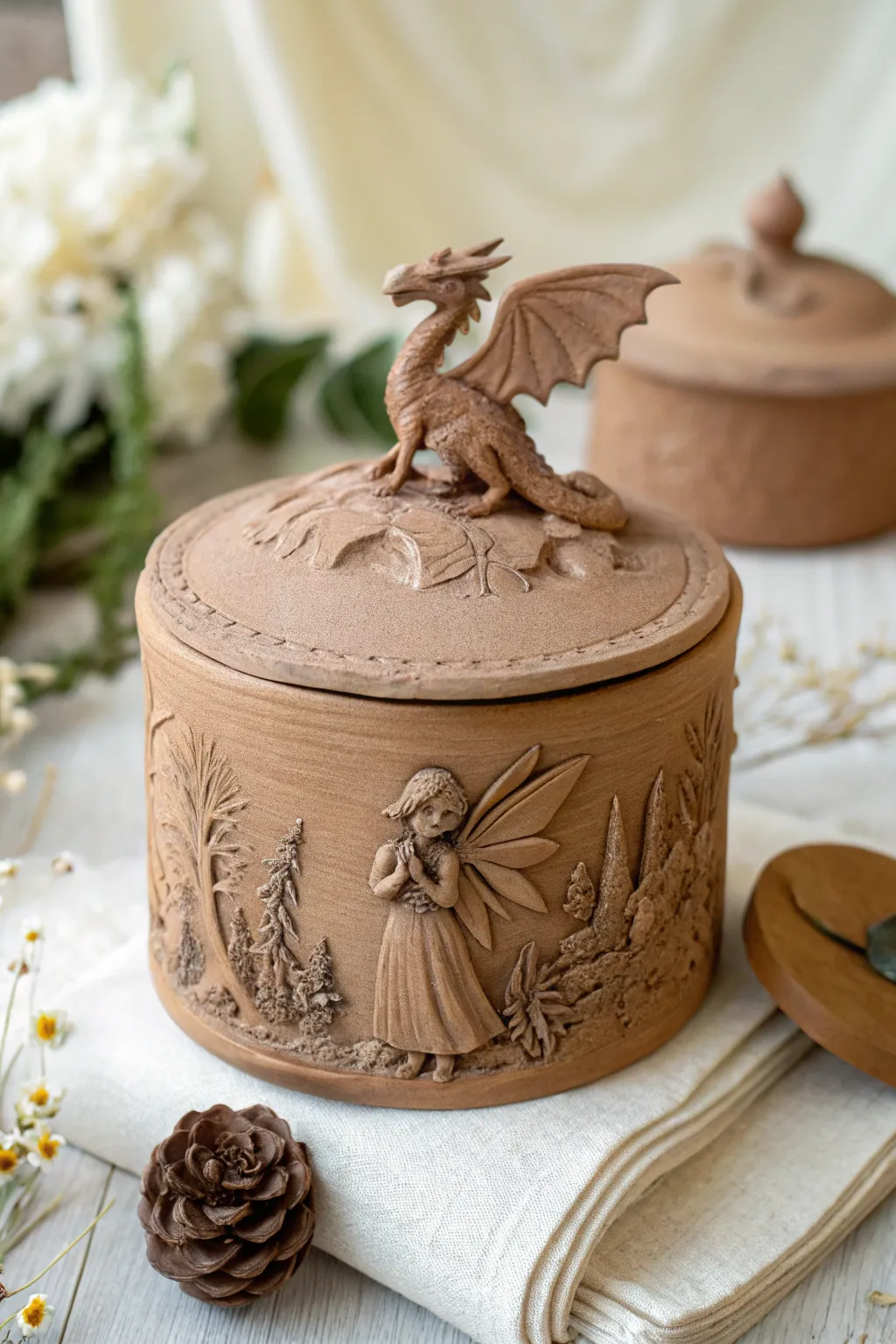 Unlock a world of fantasy with this handcrafted storybook clay box, where every detail tells a tale.