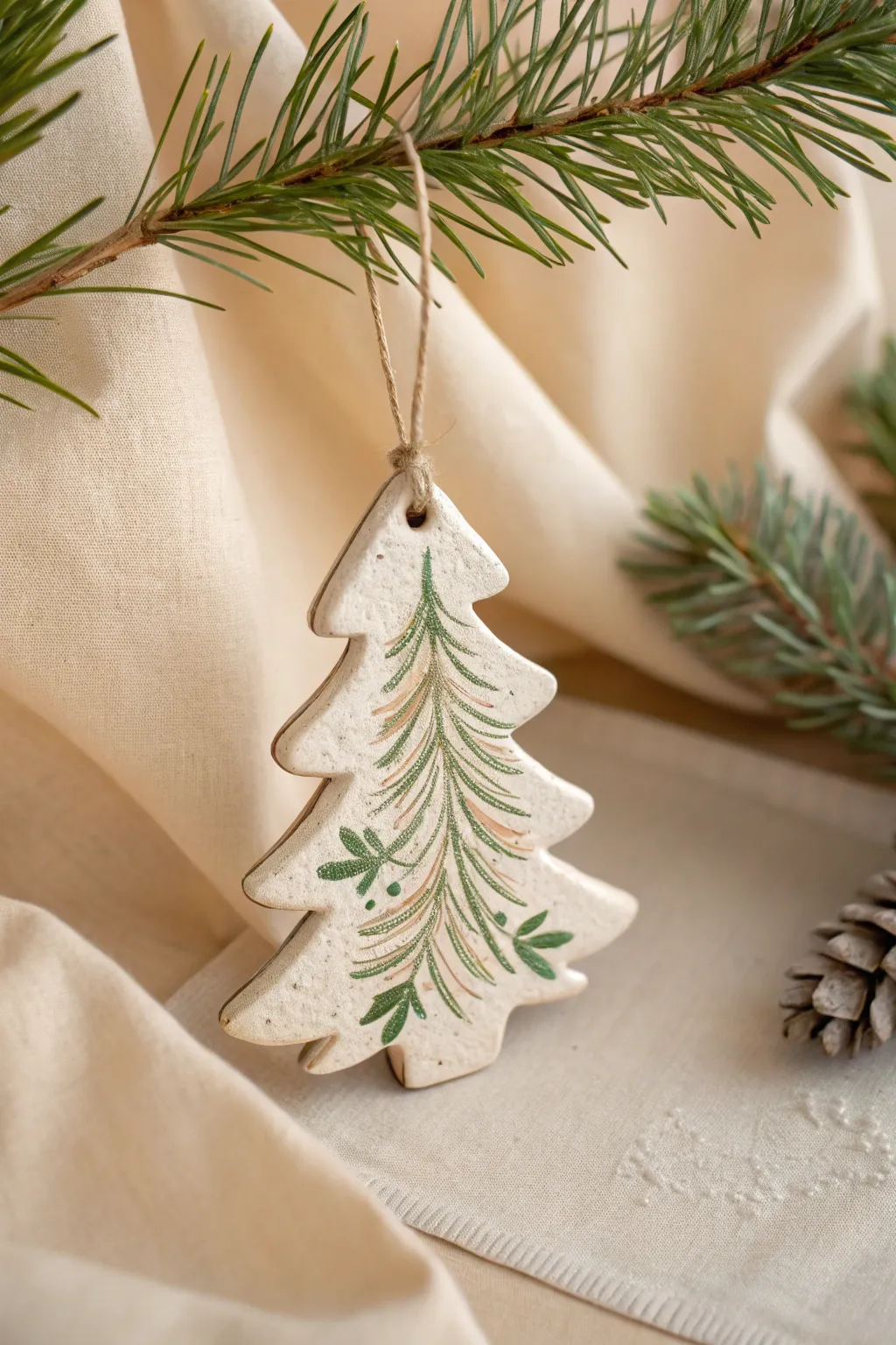 Capture the essence of the forest with this elegant clay pine branch ornament, perfect for a minimalist Christmas.