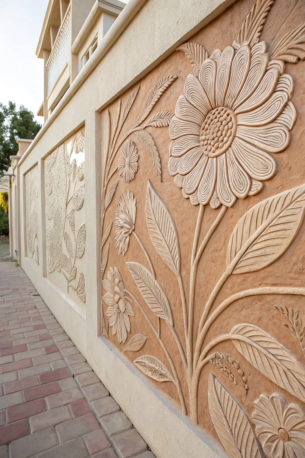 Discover the art of clay etching with this stunning textured floral mural that brings nature's elegance indoors.