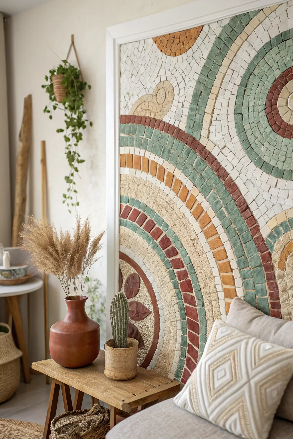 Transform your living room with a stunning clay mosaic masterpiece, where craftsmanship meets simplicity.