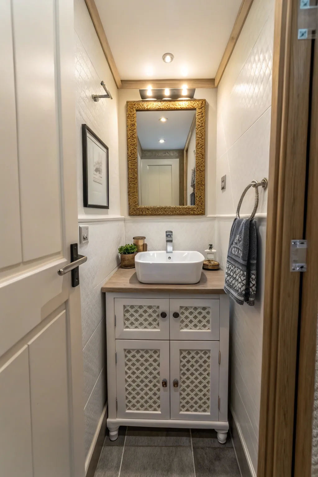 A compact vanity offers functionality and style in small spaces.
