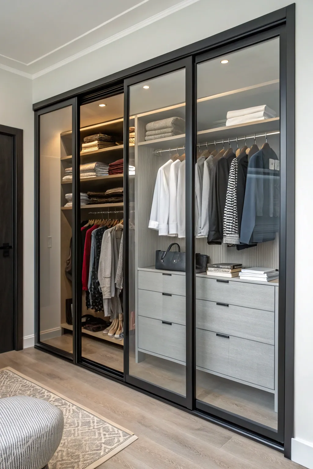 Closet with glass-front doors providing style and visibility.