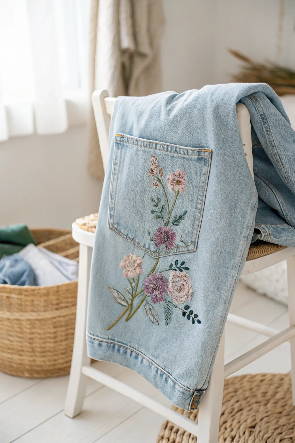 Transform your denim into a work of art with delicate floral embroidery. 🌸 #DIYJeans #ScandiBoho