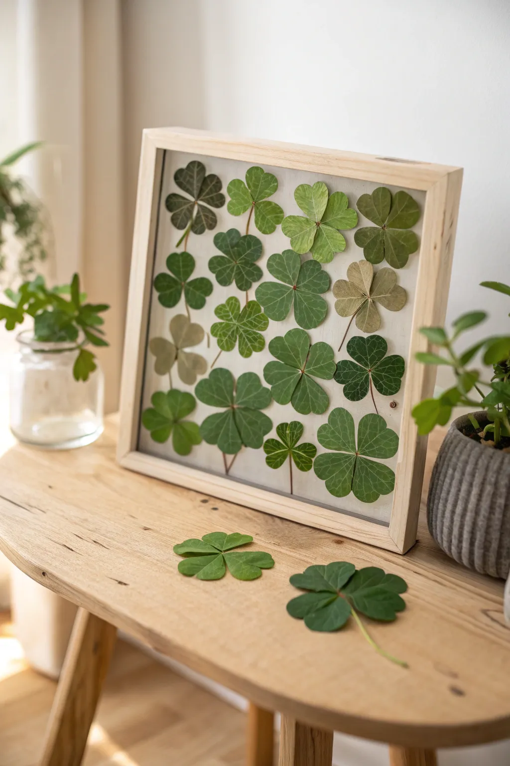 Embrace the beauty of nature with this exquisite clover leaf collage – a perfect touch of creativity for your minimalist space.