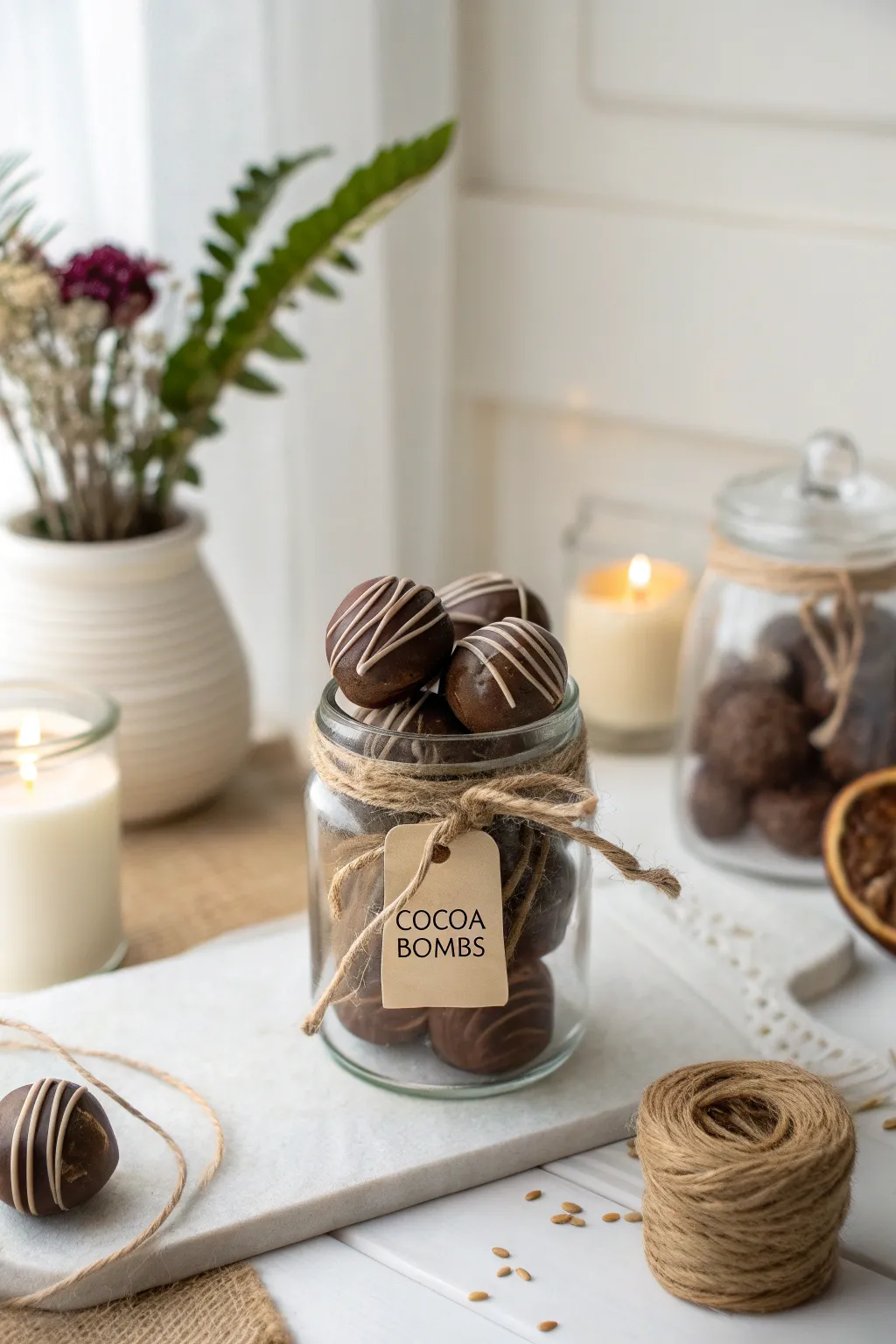 Gift sweetness in style: A rustic mason jar filled with delightful cocoa bombs, perfect for the minimalist at heart.