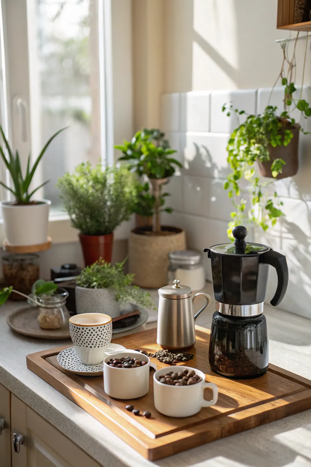 Greenery adds a natural touch to your coffee area.