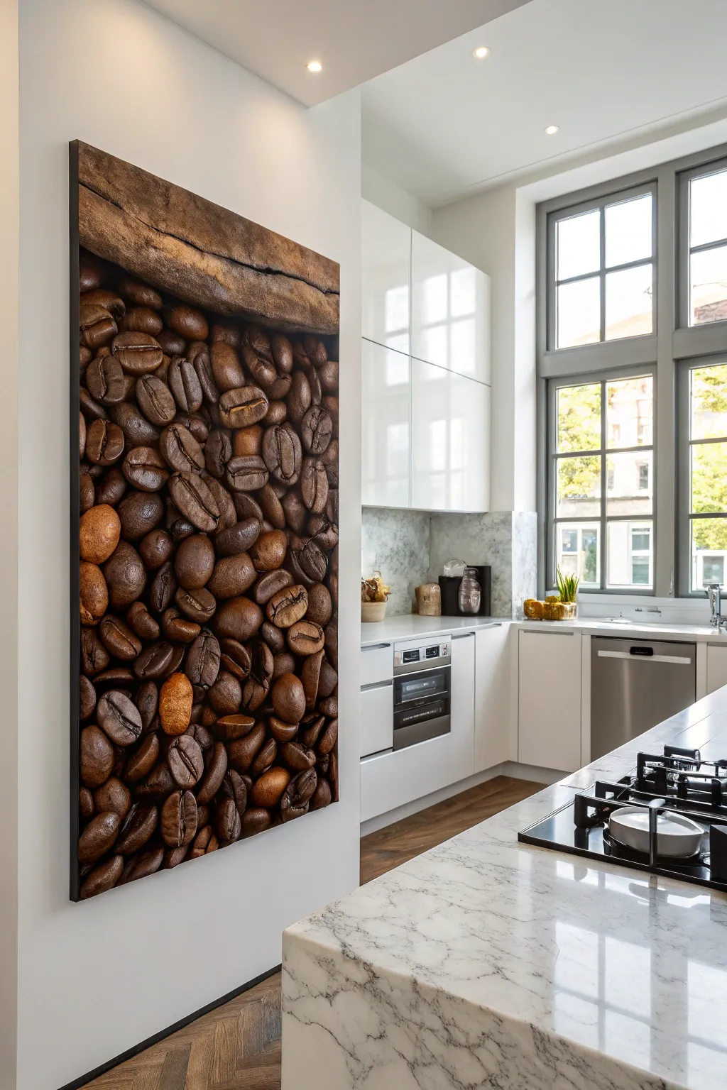 Wall art featuring coffee beans in a modern kitchen.