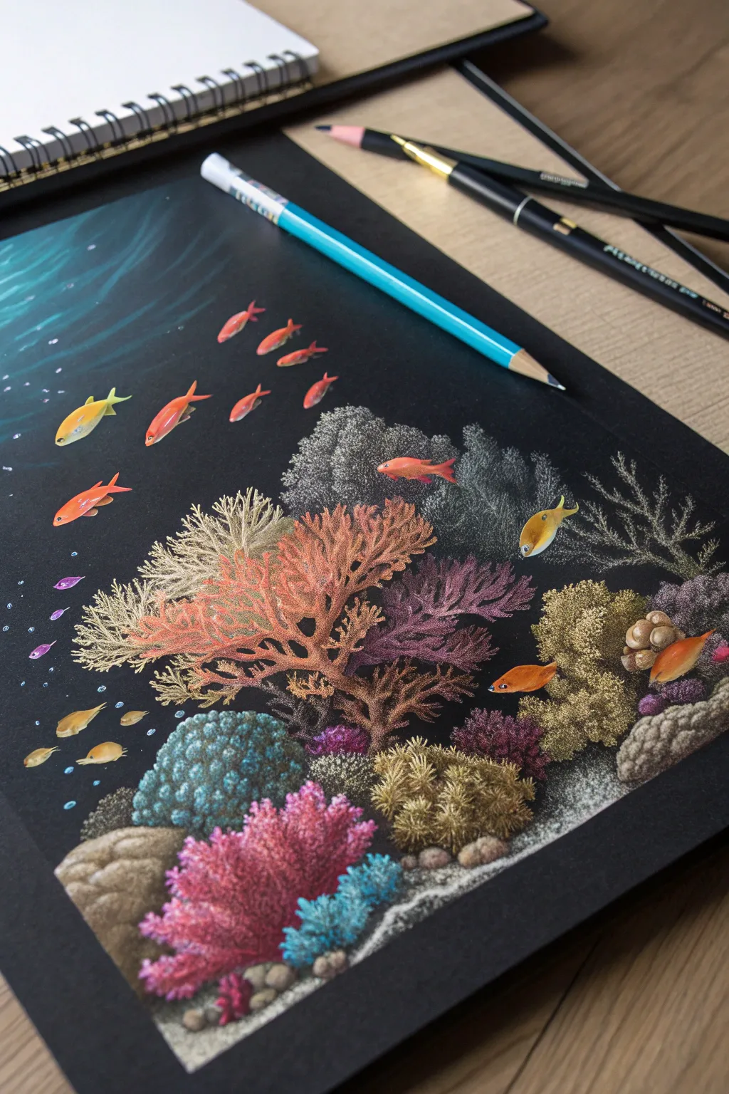 Dive into the beauty of the ocean with this stunning colored pencil masterpiece on black paper. 🌊✨ #UnderwaterArt #ScandinavianMinimalism #BohoElegance