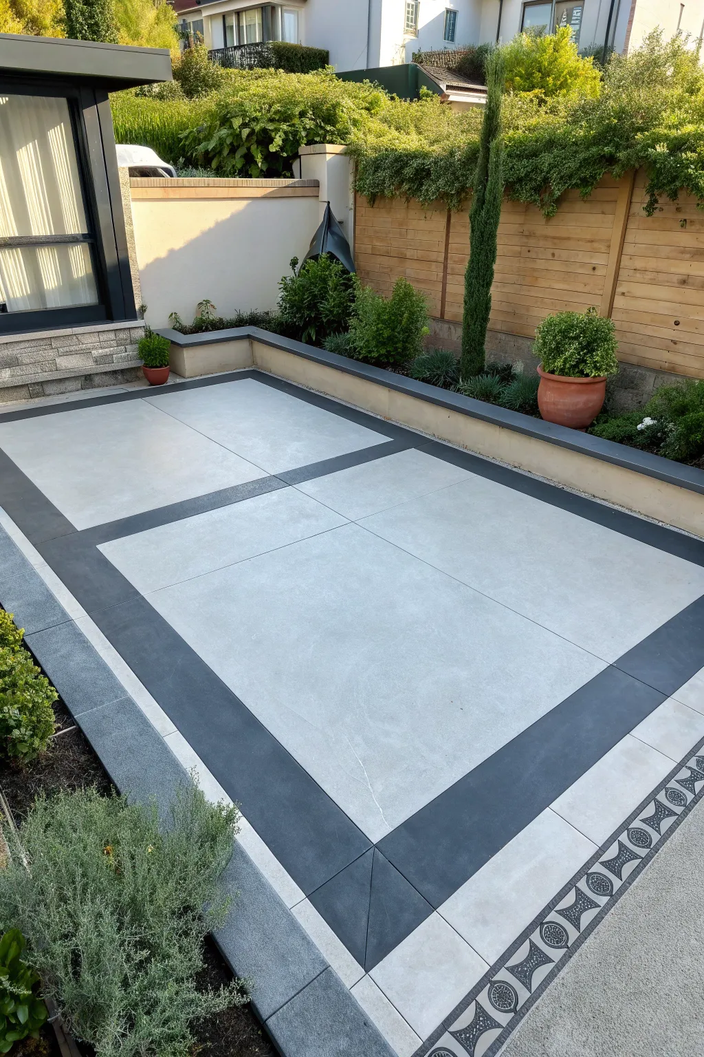Elevate your outdoor space with a sophisticated dark border that defines and enhances your patio.