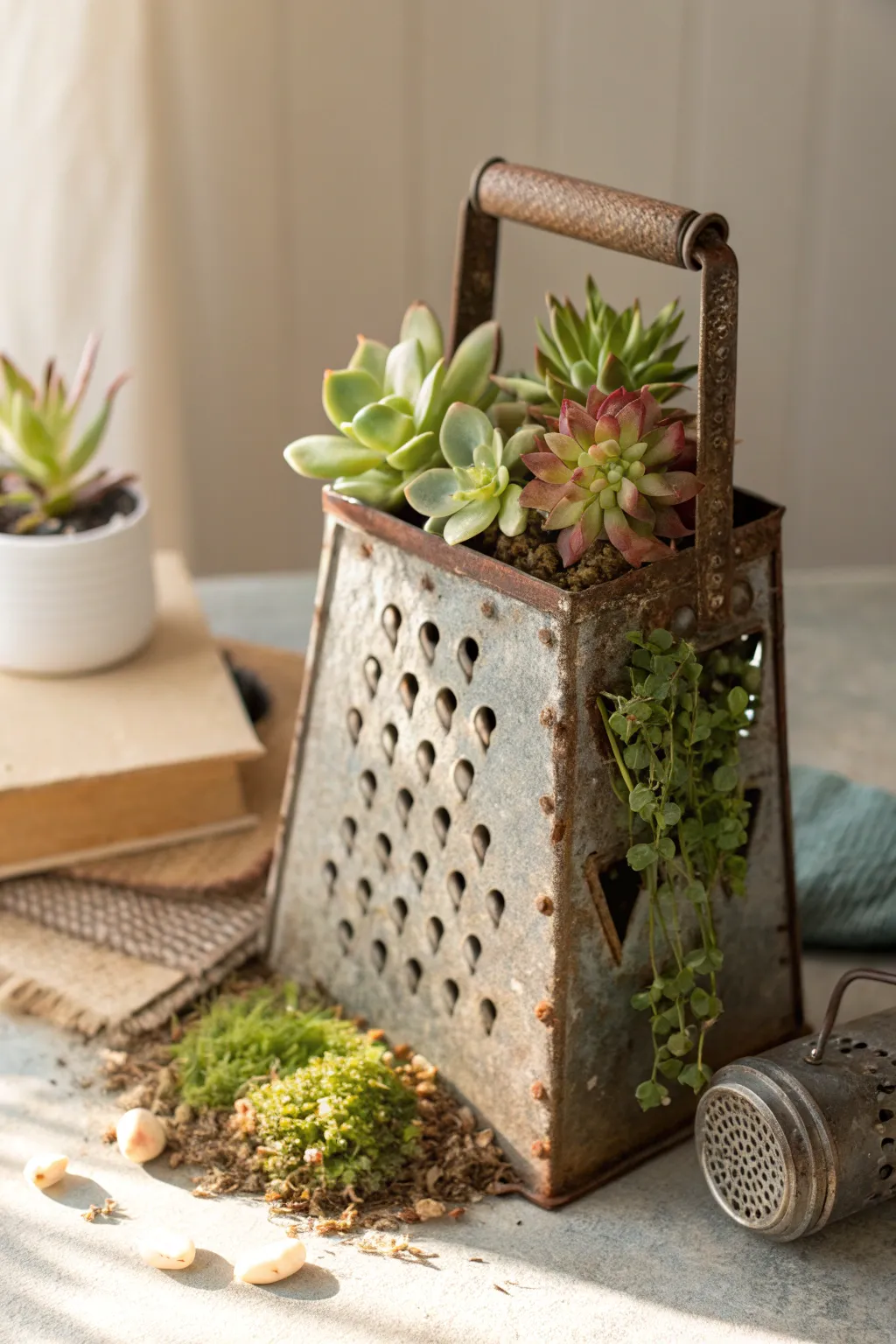 Transform your space with a touch of green and creativity: a vintage grater turned succulent haven.