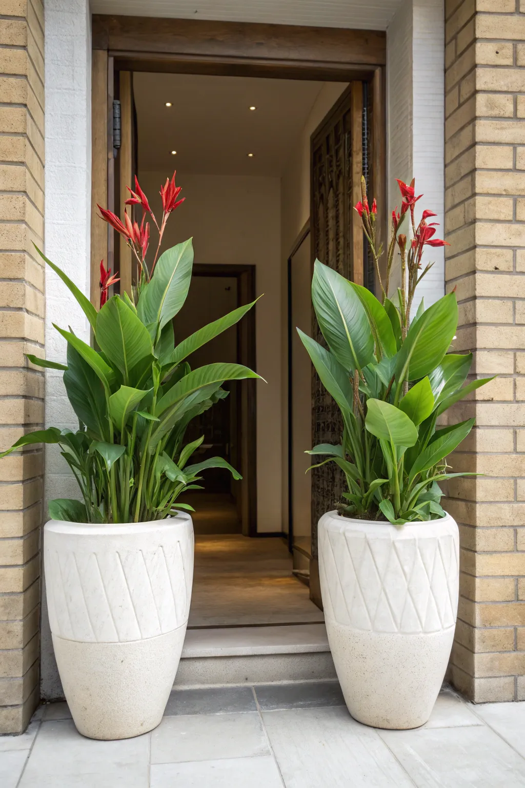 Elevate your entrance with the symmetrical charm of canna lilies in minimalist pots. A stunning blend of Scandinavian simplicity and boho elegance.