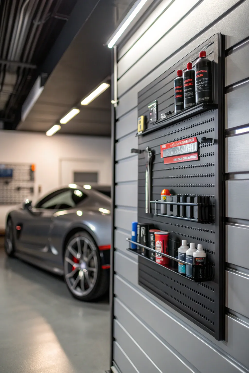 Transform your garage into an automotive haven with a sleek slatwall setup. Efficiency meets style.