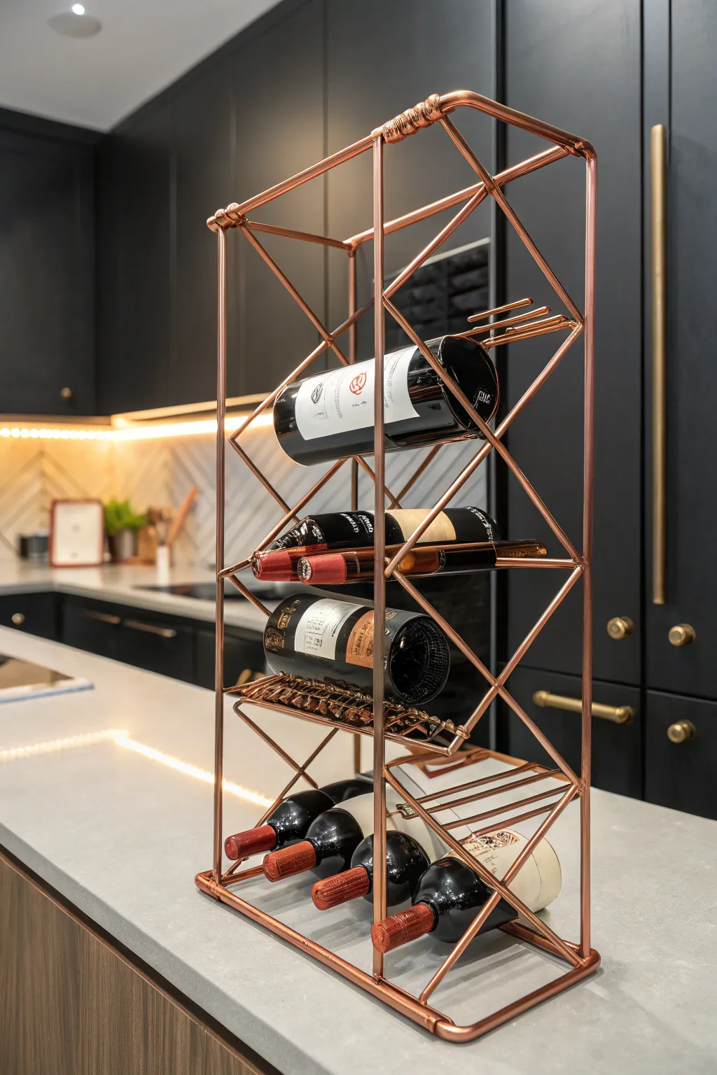 Elevate your wine game with this stunning copper wine rack, a true centerpiece for any modern kitchen.