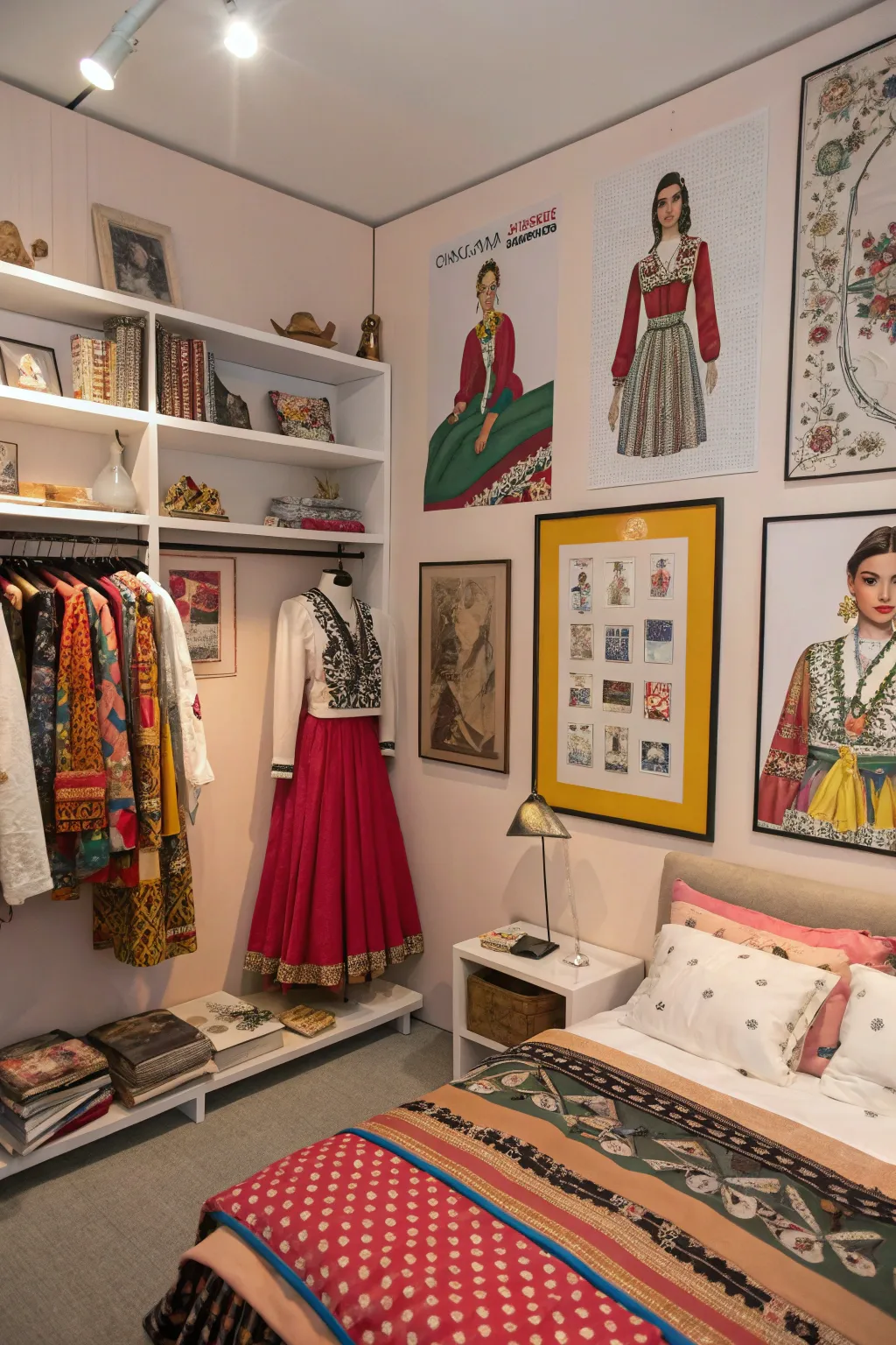 Traditional dress illustrations adding fashion history to a bedroom.