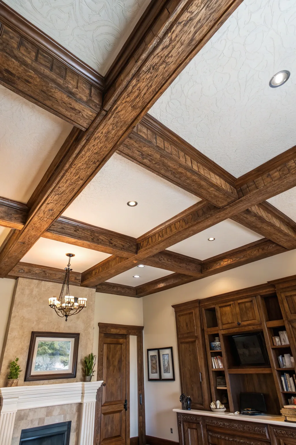 Transform your ceiling into a rustic masterpiece with faux wood beams that add both style and structure.