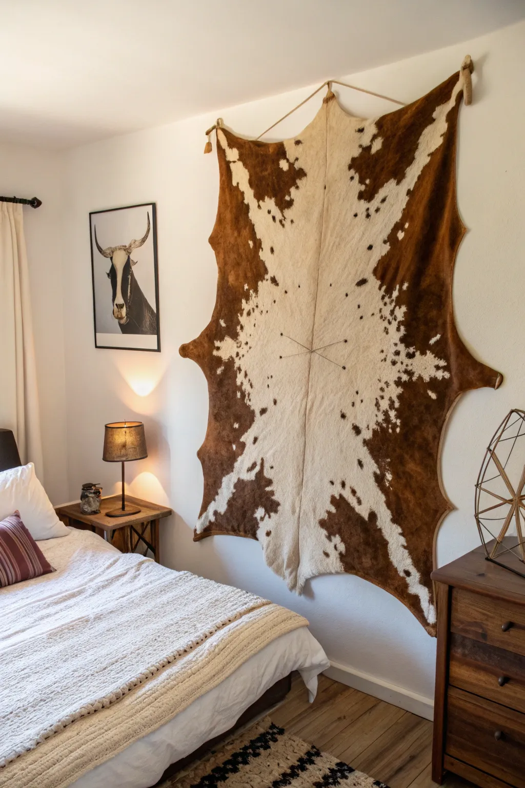 Bedroom showcasing a cowhide rug as wall art.