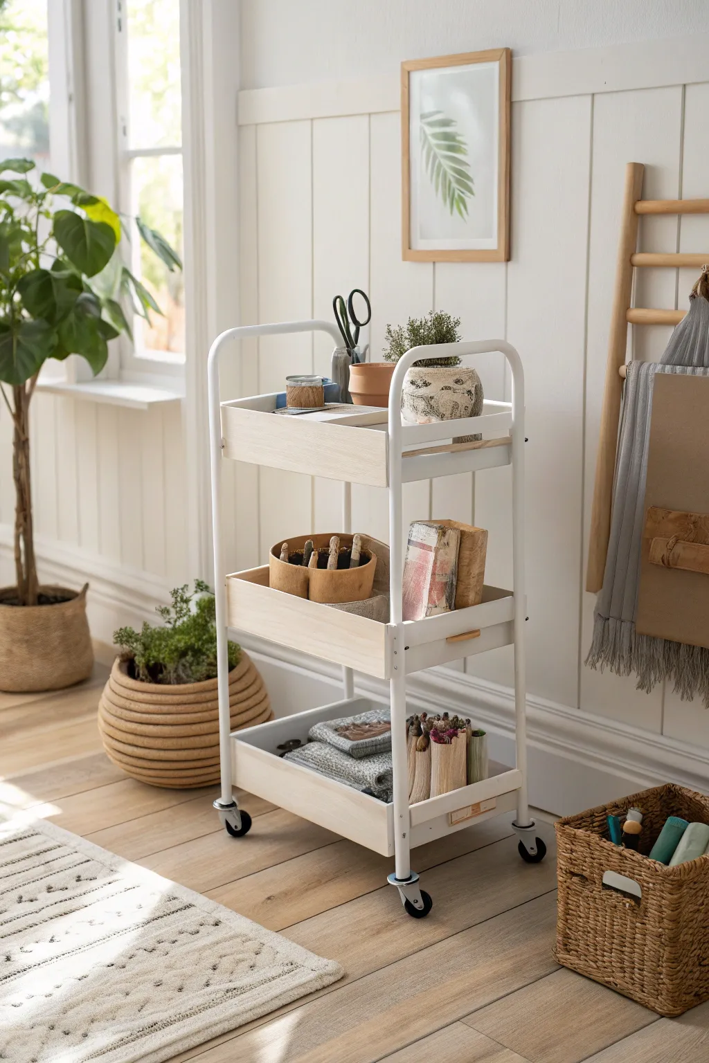 Unleash your creativity with a rolling craft cart that blends functionality with minimalist elegance.