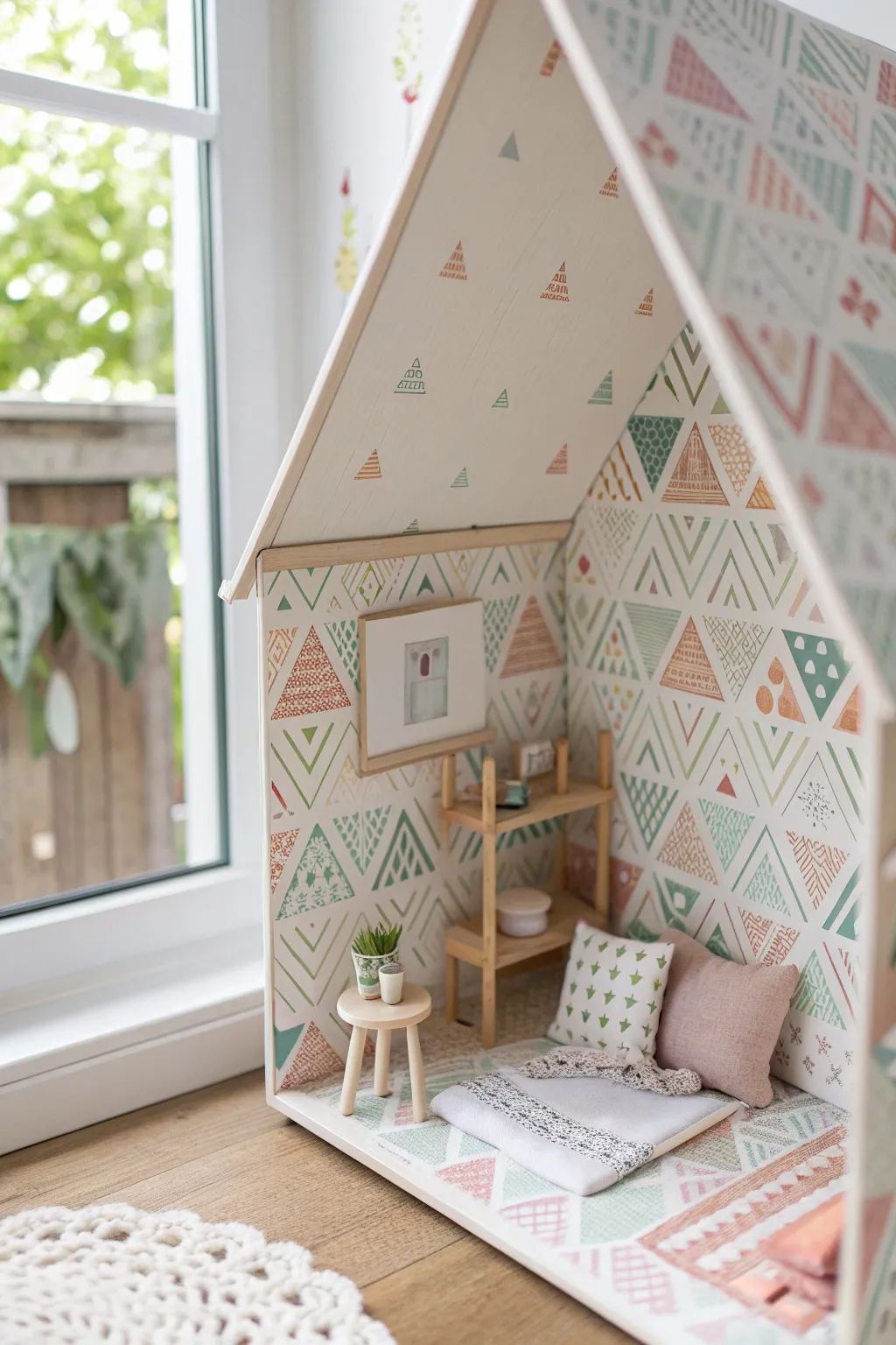 Transform your dollhouse with DIY wallpaper that embodies minimalist beauty and boho charm.