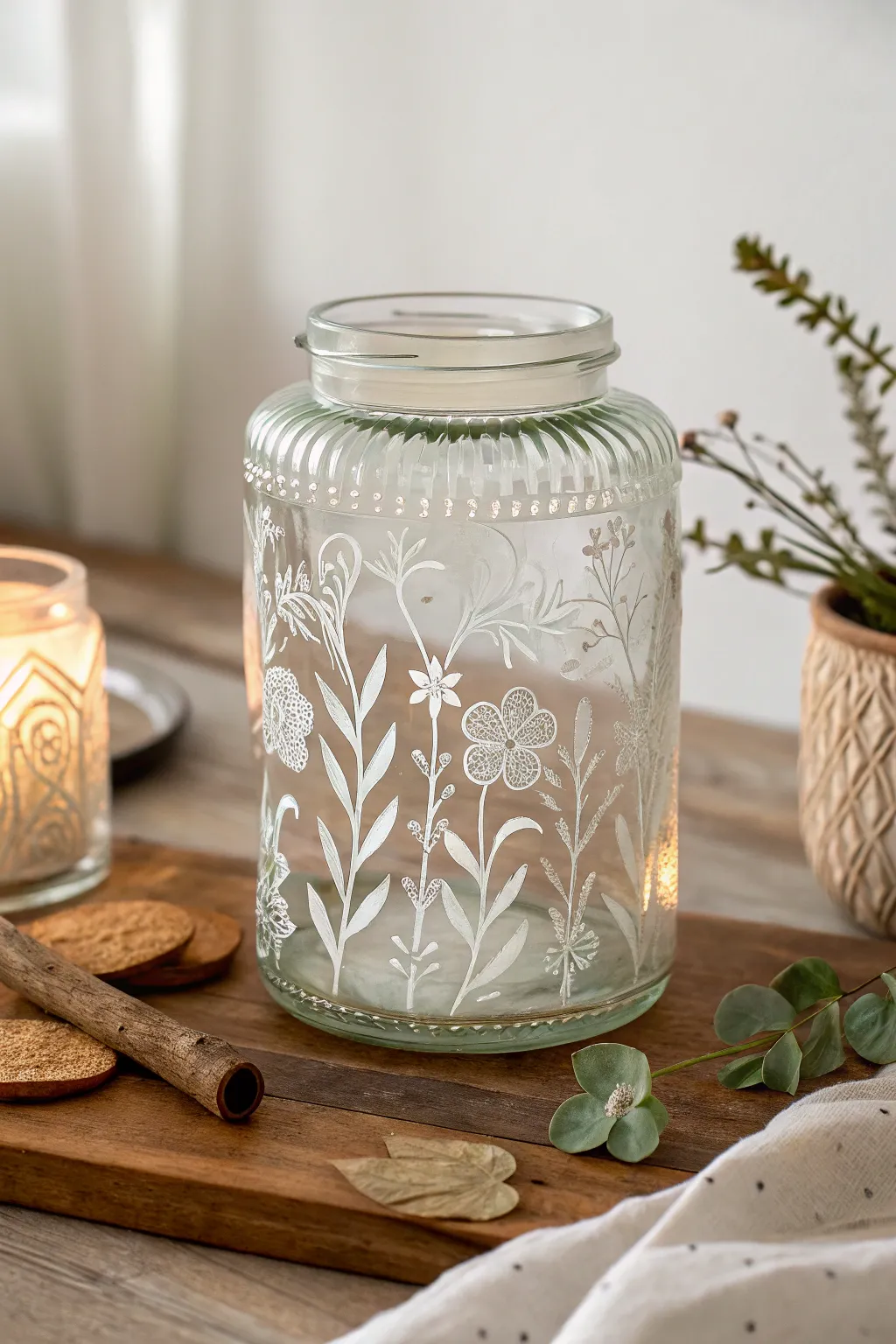 Elevate your storage game with handmade etched glass jars — where simplicity meets elegance.