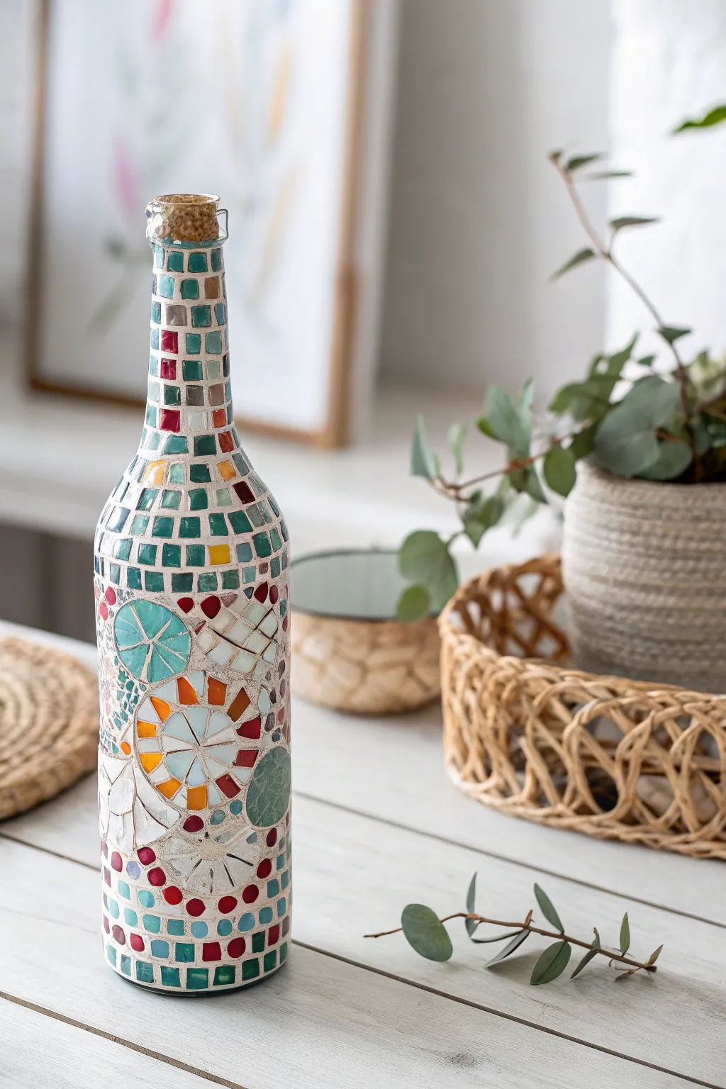 Transform ordinary glass bottles into stunning mosaic masterpieces that blend Scandinavian simplicity with Boho charm.