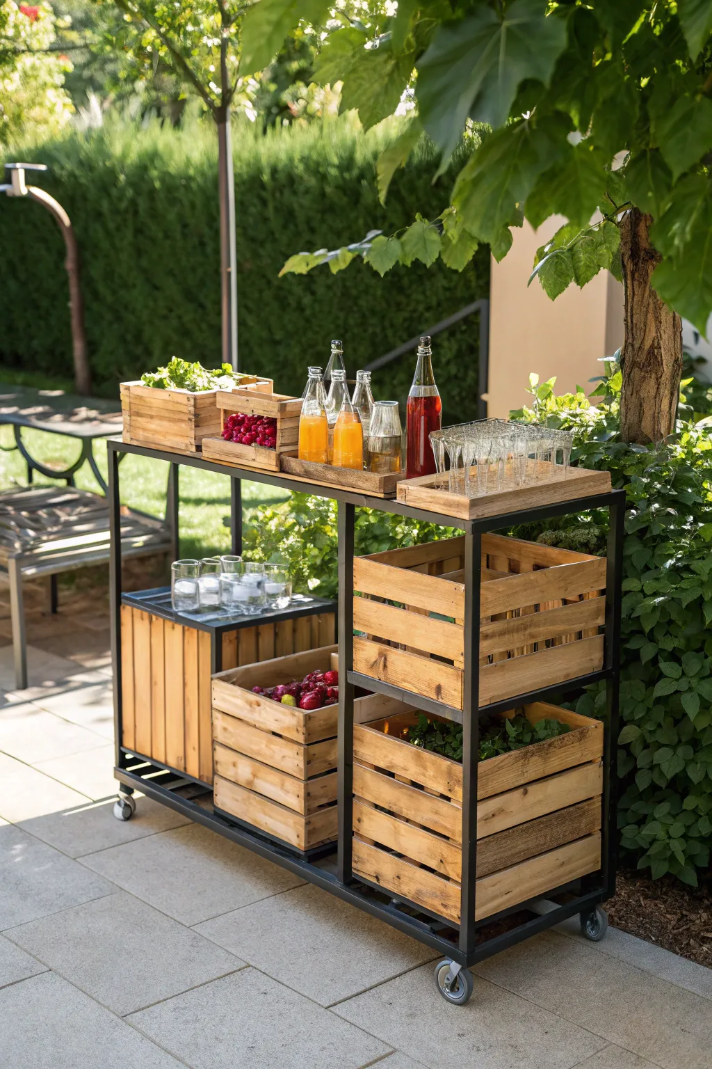 Elevate your outdoor gatherings with this chic DIY bar cart made from rustic crates. Perfect for BBQs and summer soirées!