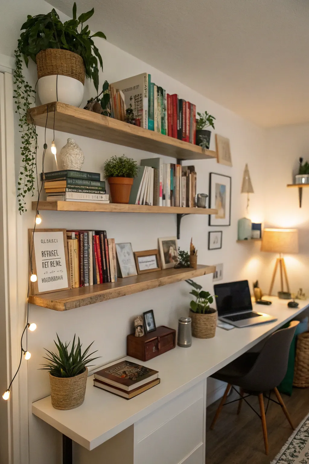 Maximize wall space with elegant floating shelves.