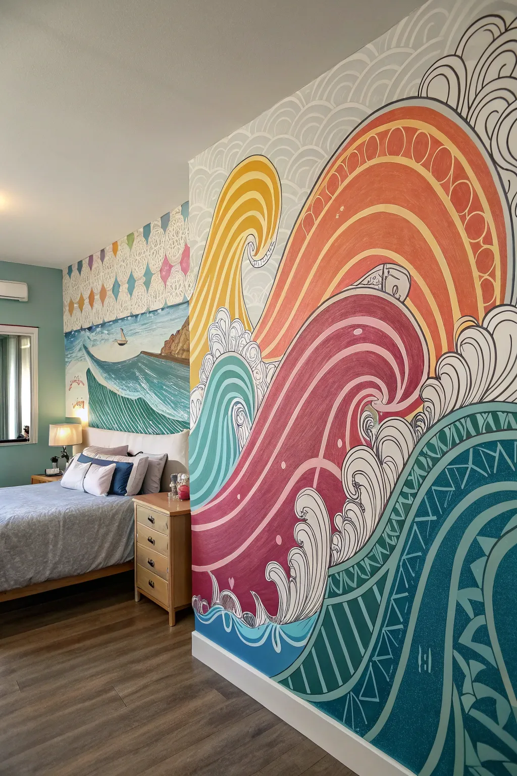 Flowing wave patterns add dynamic movement to your bedroom.